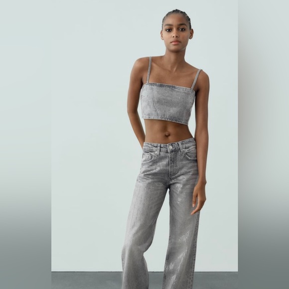 New Zara Denim Crop Sequin Foil Crop tank top Size Medium New with tags! - Picture 1 of 8